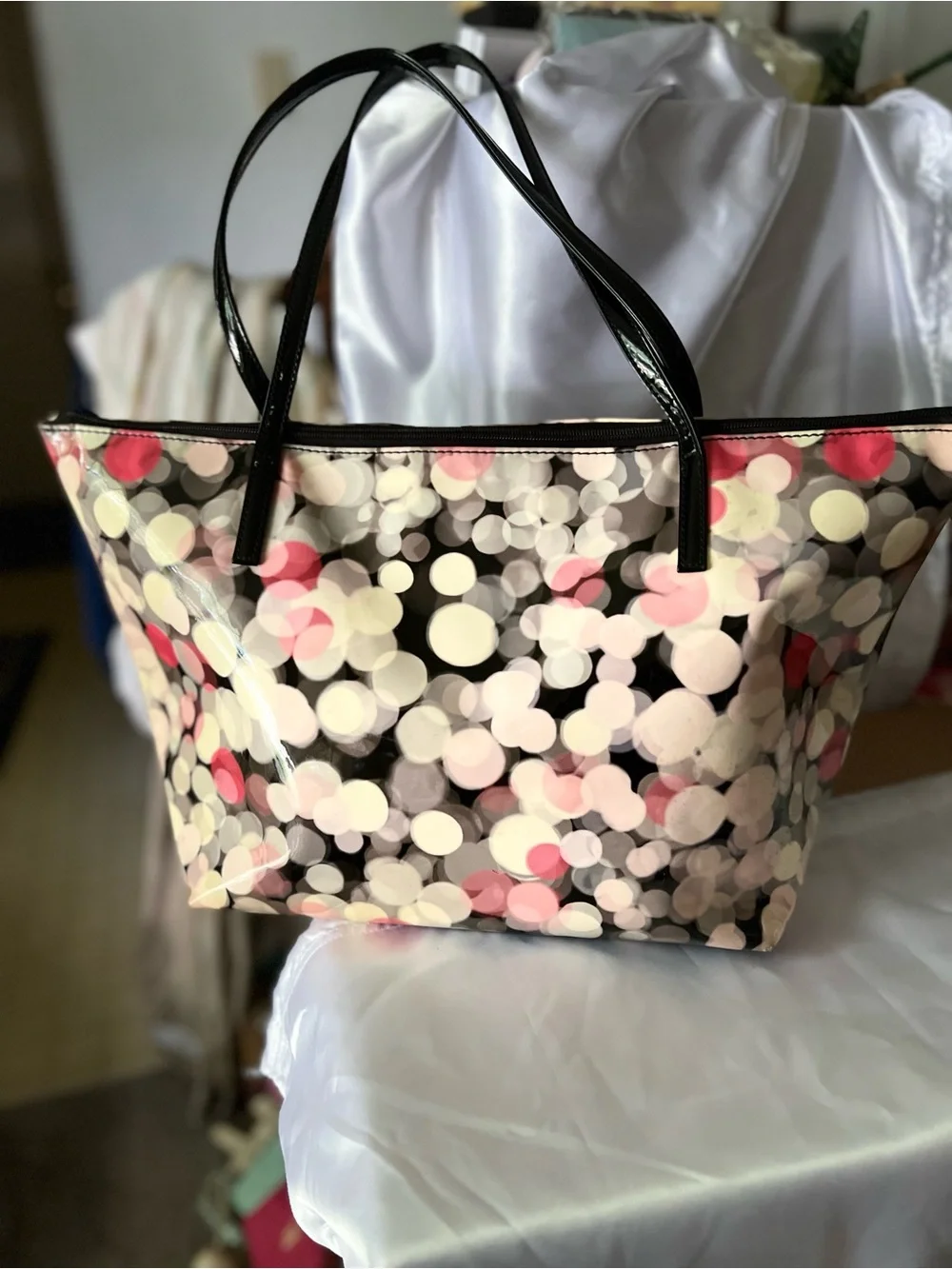 Kate Spade Polka Dot Glossy Tote Bag in Black, White & Pink